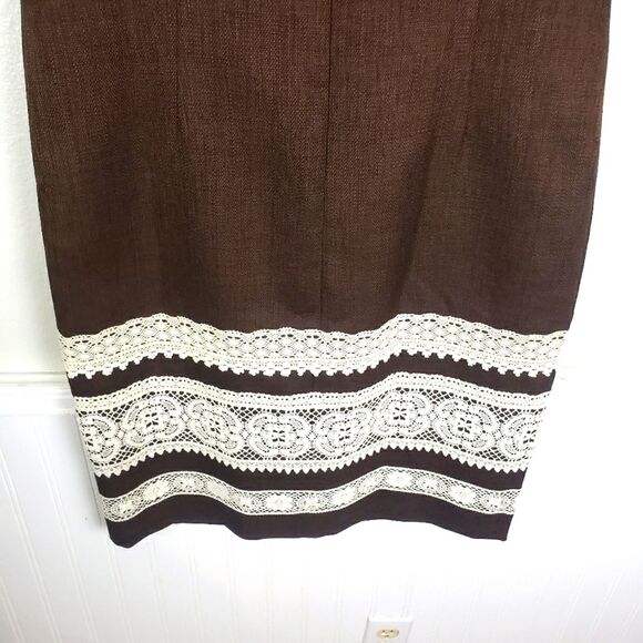 Women's David Meister Brown Tweed White Lace Sleeveless Dress Size 10/Med - Picture 7 of 11